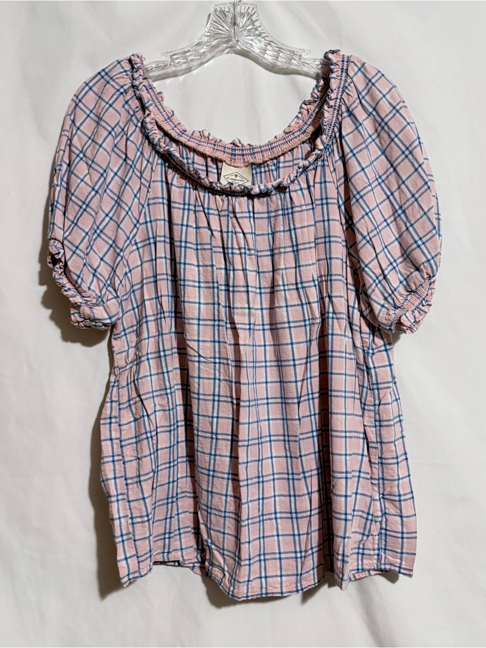 St. John's Bay Women’s L Pink/Blue Plaid Scoop Neck Puff Sleeve Ruffle Blouse